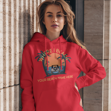 Load image into Gallery viewer, Cusomizable Beach Name Hoodie Sunset Chasers Jeep Where I Beach
