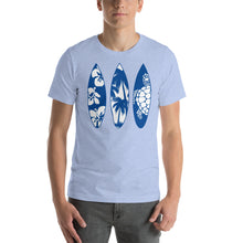 Load image into Gallery viewer, T-Shirt with Surf Boards of Sea Turtle, Palm Trees, and Beach Flowers
