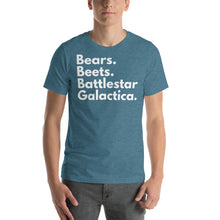 Load image into Gallery viewer, Bears. Beets. Battlestar Galactica. Short-Sleeve Unisex T-Shirt - Cabo Easy
