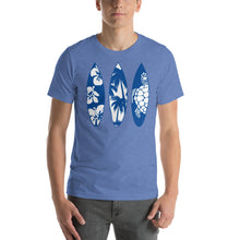 Load image into Gallery viewer, T-Shirt with Surf Boards of Sea Turtle, Palm Trees, and Beach Flowers
