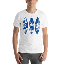 Load image into Gallery viewer, T-Shirt with Surf Boards of Sea Turtle, Palm Trees, and Beach Flowers
