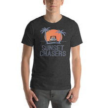 Load image into Gallery viewer, Sunset Chasers jeep palm tree beach scene women's men's t-shirt
