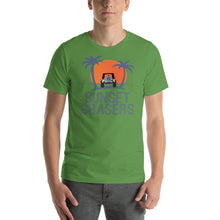 Load image into Gallery viewer, Sunset Chasers jeep palm tree beach scene women's men's t-shirt
