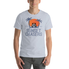 Load image into Gallery viewer, Sunset Chasers jeep palm tree beach scene women's men's t-shirt
